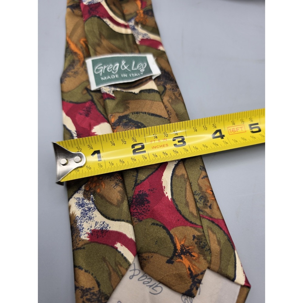 Greg & Leo Made in Italy Mens Tie Abstract Floral Olive Burgundy Brown Necktie - Picture 5 of 7